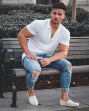 Load image into Gallery viewer, Father Sons Classic White and Gold Zip Knitted Short Sleeve Polo Shirt - FSH175