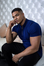 Load image into Gallery viewer, Father Sons Classic Navy and Gold Zip Knitted Short Sleeve Polo Shirt - FSH417