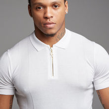 Load image into Gallery viewer, Father Sons Classic White and Gold Zip Knitted Short Sleeve Polo Shirt - FSH175