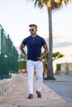 Load image into Gallery viewer, Father Sons Classic Navy and Gold Zip Knitted Short Sleeve Polo Shirt - FSH417