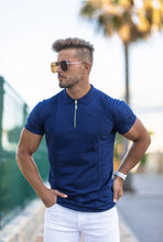 Load image into Gallery viewer, Father Sons Classic Navy and Gold Zip Knitted Short Sleeve Polo Shirt - FSH417
