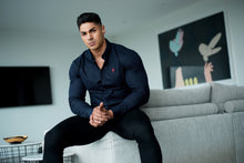 Load image into Gallery viewer, Father Sons Super Slim Stretch Navy & Red Ditsy Print Long Sleeve (Red Embroidery) - FS092R