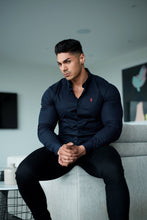 Load image into Gallery viewer, Father Sons Super Slim Stretch Navy & Red Ditsy Print Long Sleeve (Red Embroidery) - FS092R