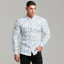 Load image into Gallery viewer, Father Sons Super Slim Stretch Blue Feather Print Button Down - FS595
